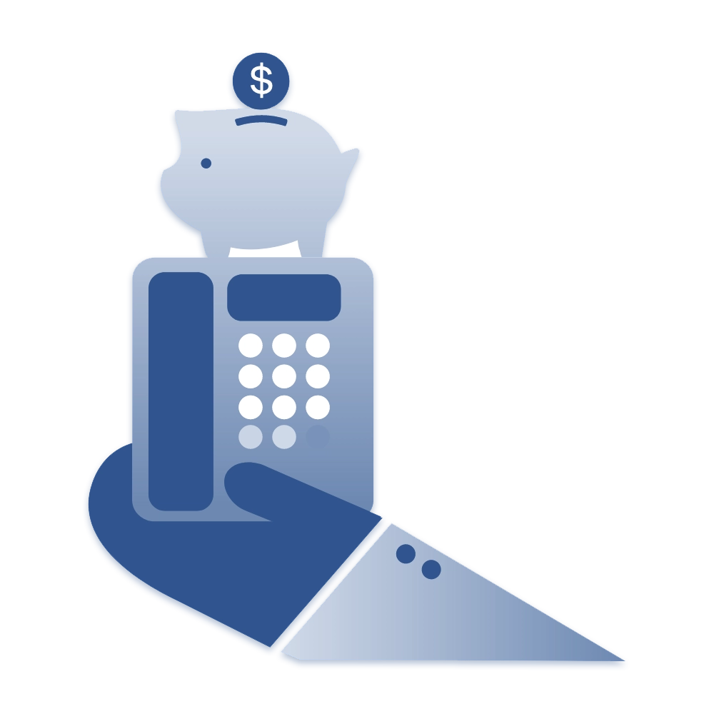 Illustration of a hand holing a business phone with a piggy bank balanced on top.