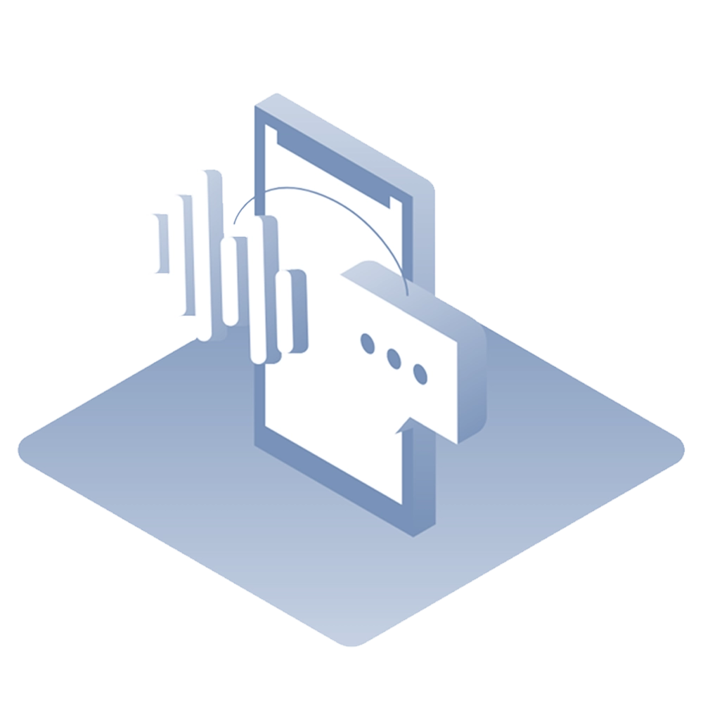 Stylized illustration of a mobile phone with pop ups of a SMS message and sound waves